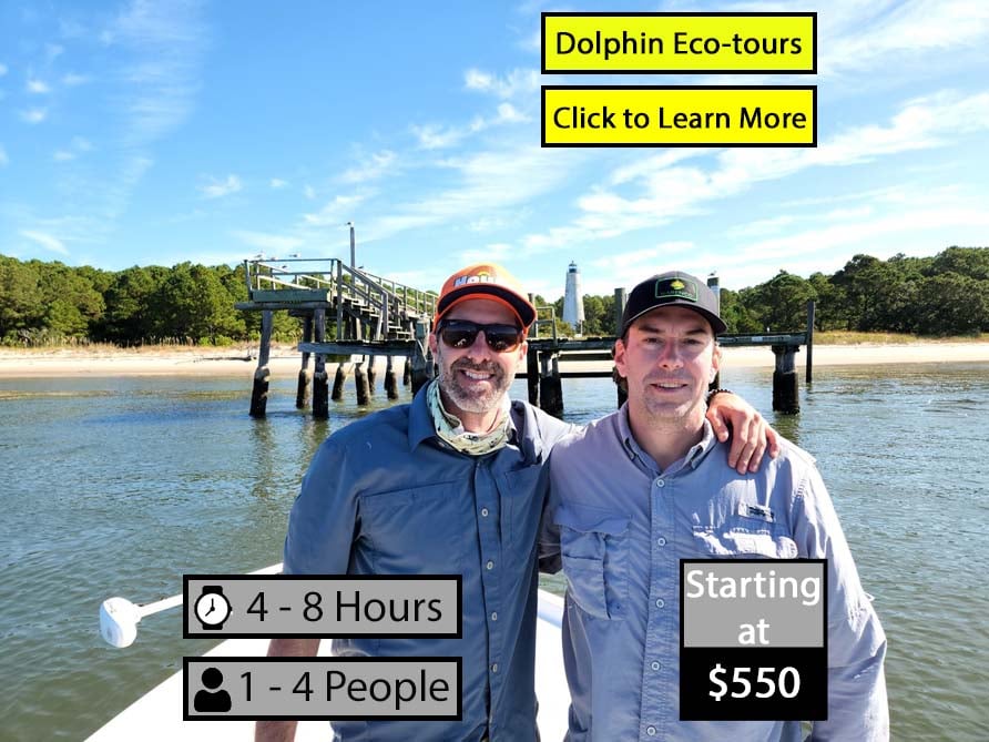 ecotoursign photo of two men in front of a lighthouse that also displays the time duration, number of people allowed, and pricing for a myrtle beach eco-tour