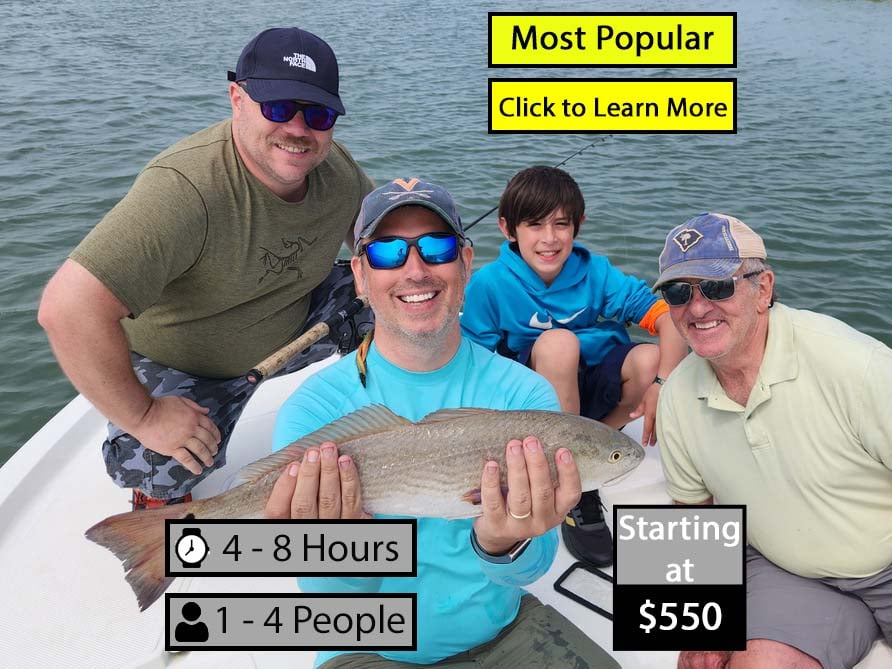 inshorefishingchartersign Image of a family fishing in myrtle beach that also displays time duration, number of persons allowed, and pricing for myrtle beach inshore fishing charters