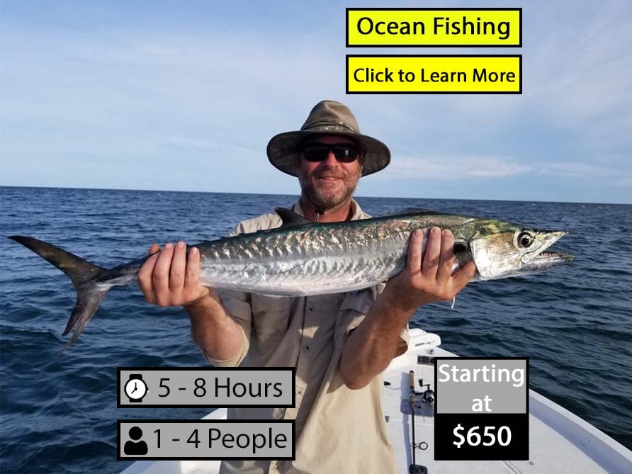 nearshorefishingchartersign photo of man holding a king mackerel that also displays time duration, number of people allowed, and pricing for myrtle beach nearshore fishing charters