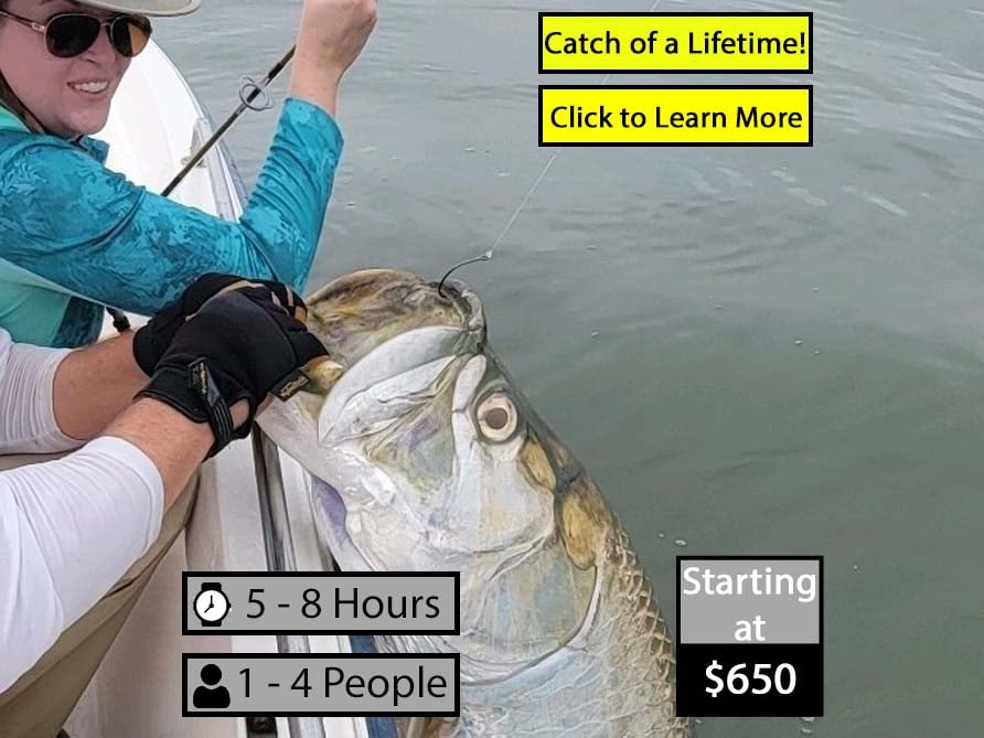 tarponfishingchartersign photo of man holding a tarpon that also displays time duration, number of people allowed, and pricing for myrtle beach tarpon fishing charters
